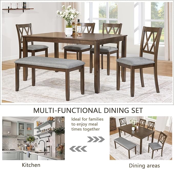 soges 6 Piece Kitchen Dining Set, Rectangular Wooden Dining Table - Image 5