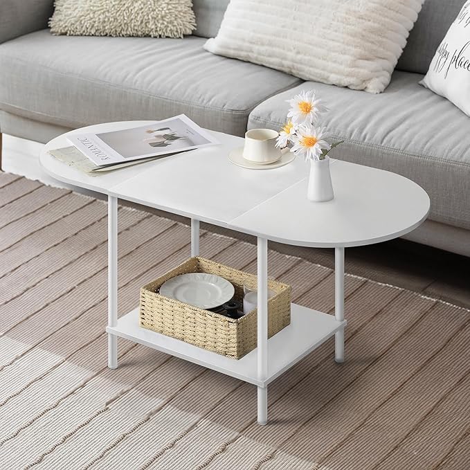 White Coffee Tables for Living Room, 2-Tier Small Coffee Table Industrial by Shinoske