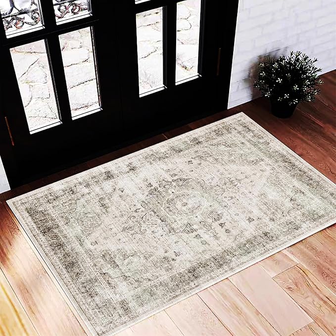 Washable Area Rug 2'x3' Floral Khaki Door Mat Vintage Distressed Doormat Indoor by CHAMPLANT