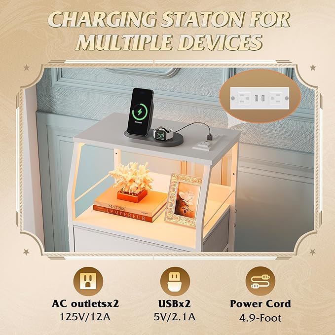 WLIVE Night Stand with Charger Station, Tall Dresser - Image 5