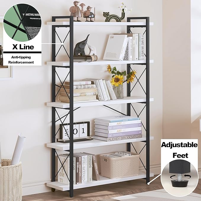 HCHQHS Bookshelf, 5-Tier Industrial Bookcase, Open Book Shelf, Freestanding - Image 3