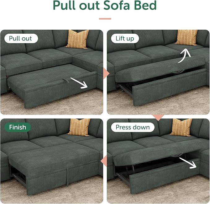 HONBAY Modular Sectional Sleeper Sofa Bed, Corduroy Pull Out Couch - Image 6