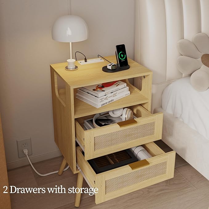 Rattan Nightstand with Charging Station, Farmhouse Bedside Table with 2 Storage - Image 4