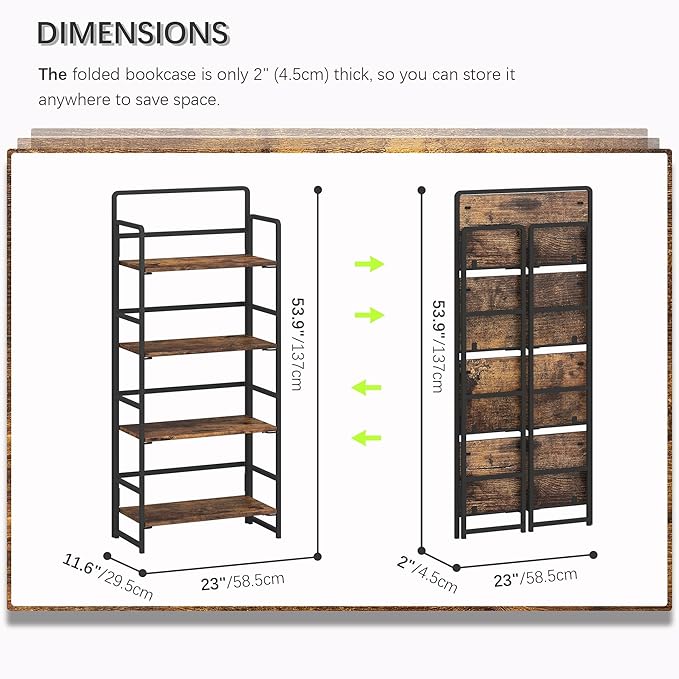 4NM No Assembly Folding Bookshelf, 4-Shelf 54" H Collapsible Foldable Bookcase - Image 3