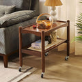 Rattan Side Table with Wheels, Small End Table with Storage, Narrow Wooden Bed by Cttasty