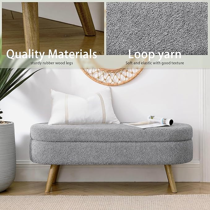 Oval Storage Bench 43.5" Linen Fabric Upholstered Entryway Bench - Image 5