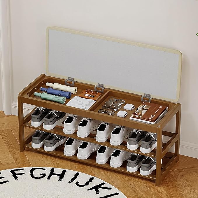 2-Tier Bamboo Shoe Bench with Cushion and Hidden Drawer, Entryway Shoe Rack - Image 5