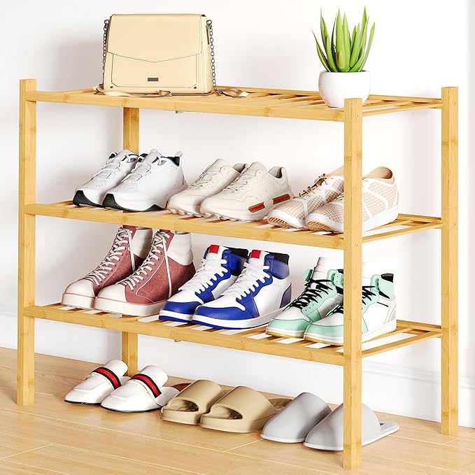 Smiry Shoe Rack, 3 Tier Bamboo Shoe Organizer, Stackable Free Standing Wooden by Smiry