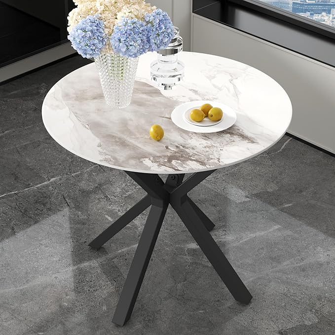 Marble Round Dining Table with Black Metal Legs, 32 in Modern Sintered Stone - Image 4