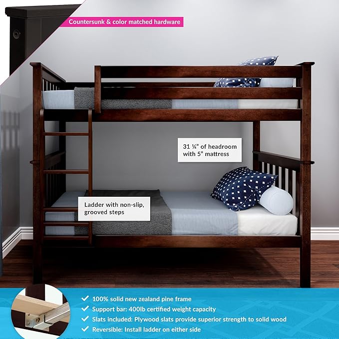Max & Lily Bunk Bed Twin over Twin, Solid Wood Bunk Bed Frame - Image 3