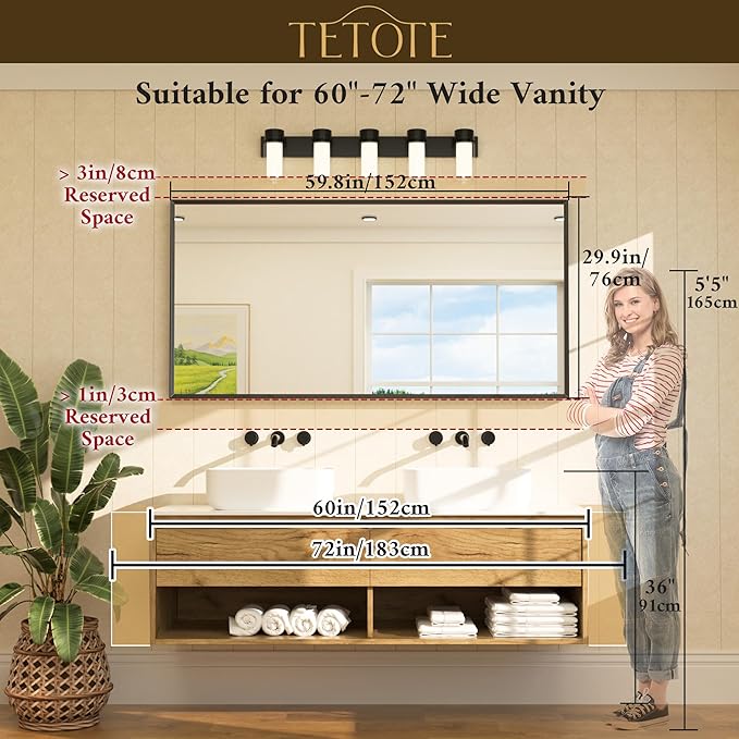 TETOTE Brushed Gold Mirror Beveled Frame 60" x 30" Large Brass Gold Rectangle - Image 5