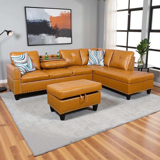Couches for Living Room PU Leather L Shaped Couch Comfy 3 Pieces Sectional Sofa - Image 4