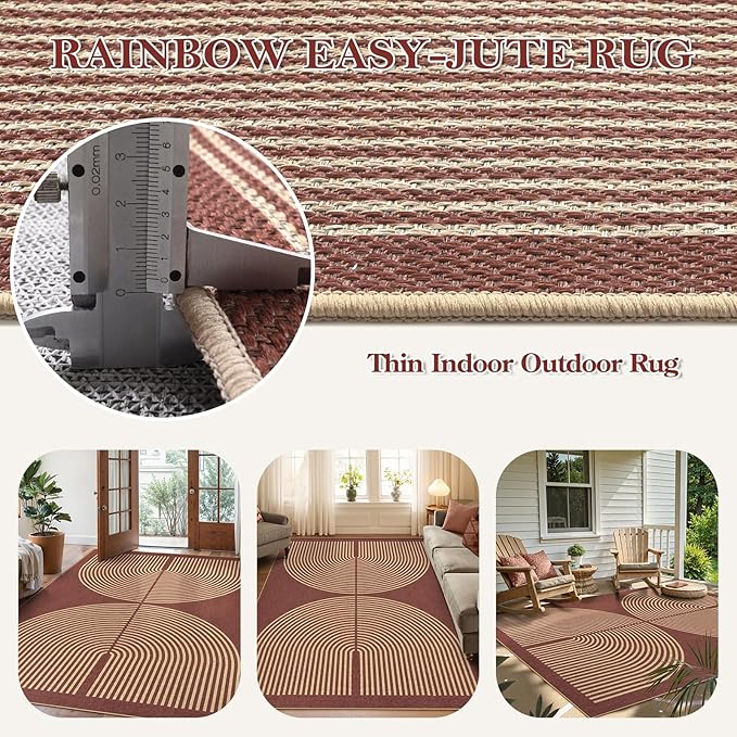 Lahome Modern Rainbow Easy Jute Outdoor Rug 5x7, Stain Resistant Red Dining - Image 3