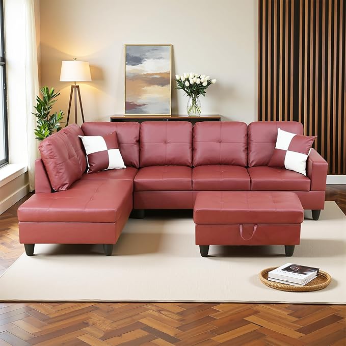 L Shaped Couch Faux Leather Sectional Couch Upholstered 3 Pieces Sofas - Image 4