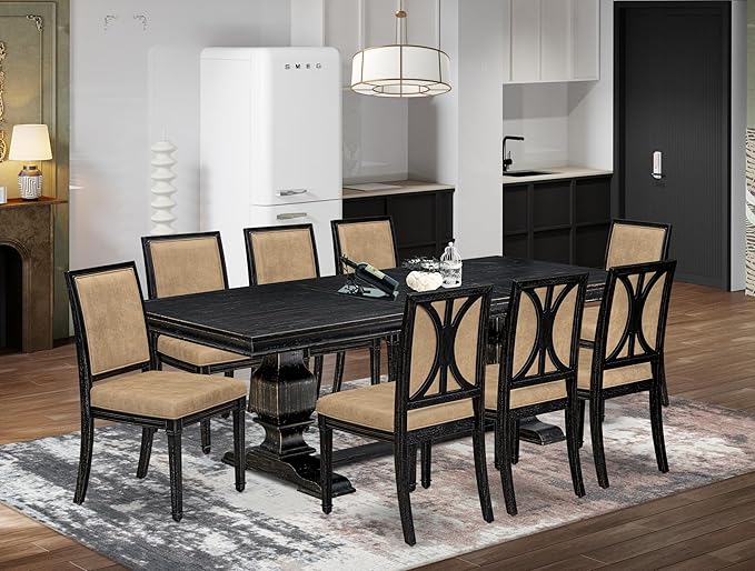 LKAM9-SBB-28 9-Piece Kitchen Table Set Consists of a Dining Table and 8 Beige by LuxebyEastWestFurniture