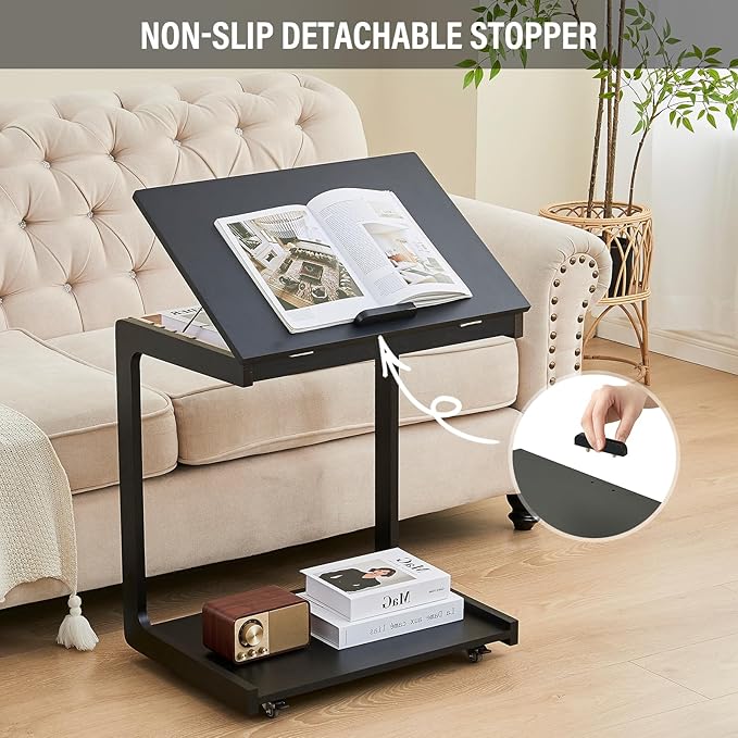 CozyDH Adjustable C Shaped End Table, Rolling Side Table Solid Wood TV Sofa - Image 6