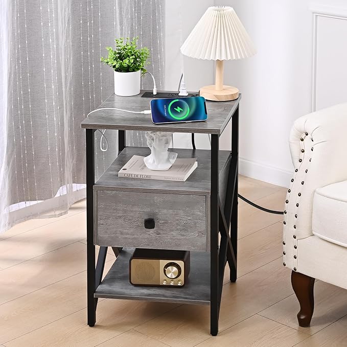 End Tables with Charging Station, Night Stands with Wood Drawer, Nightstand - Image 2