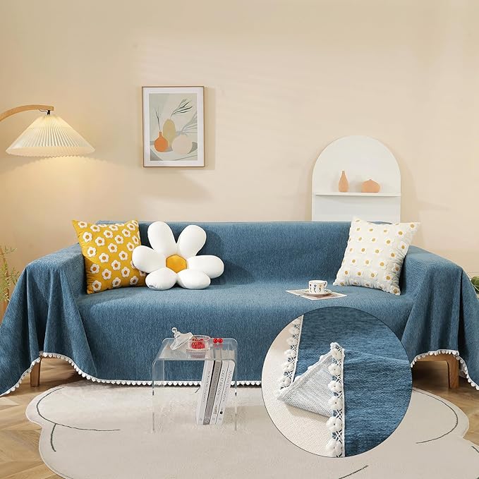 HANDONTIME Navy Blue Sectional Couch Covers, 3 Cushion Couch Chenille Cover by HANDONTIME