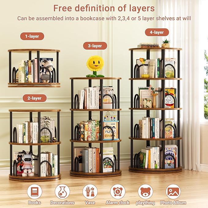 Aheaplus 4 Tier Rotating Bookshelf Tower, 360 Display Spinning Bookcase - Image 6