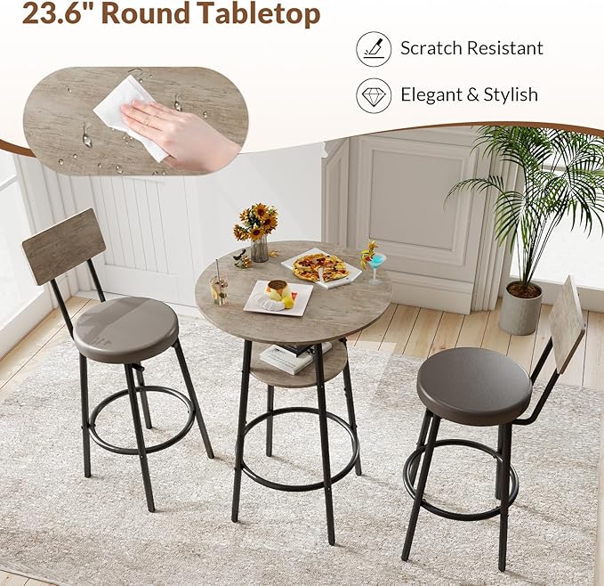 3 Pieces Round Bar Table and Chairs Set, Small Dining Table - Image 4