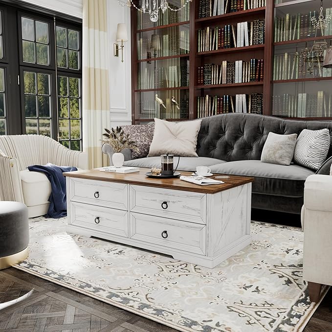 Farmhouse Coffee Table with Drawers 47 in Living Room Tables with Storage - Image 9