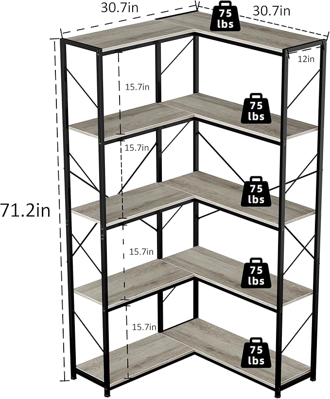 Shintenchi 5 Tier Corner Bookshelf, L Shaped Bookcase, Large Etagere Bookcase - Image 2