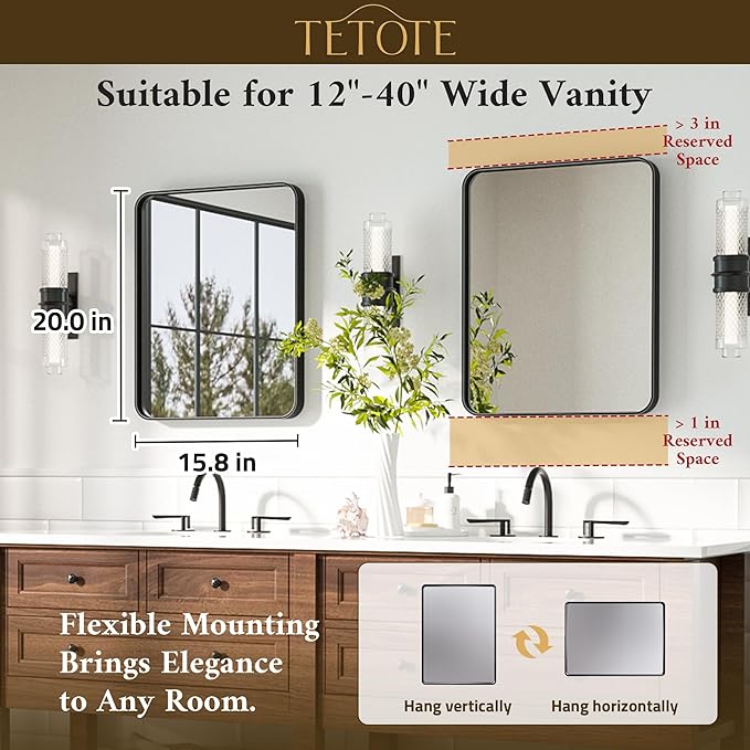 TETOTE Black Mirror 16 x 20 Matte Black Metal Framed Bathroom Mirror, Tempered - Image 7
