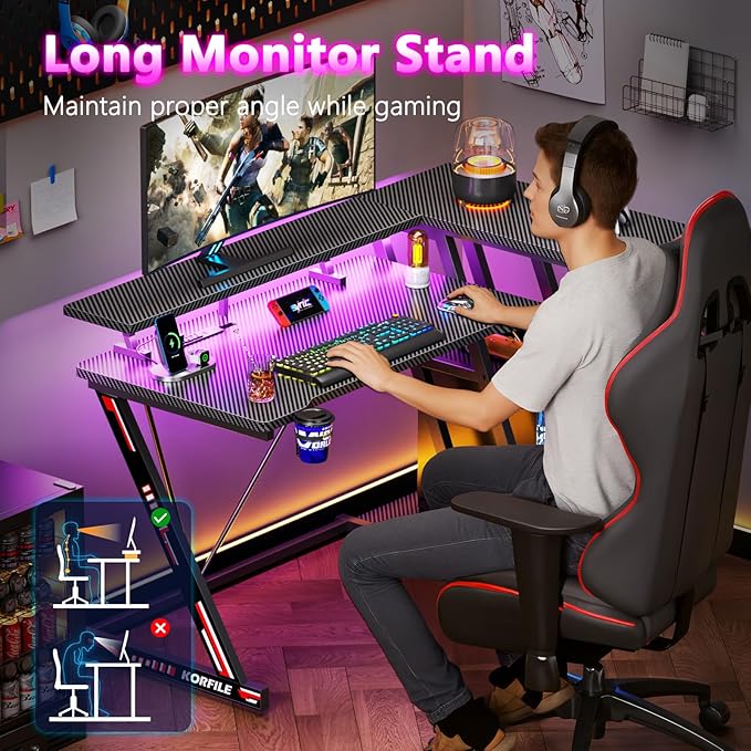 40 Inch Gaming Desk with Power Outlet & LED Lights, L Shaped Computer Gaming - Image 7