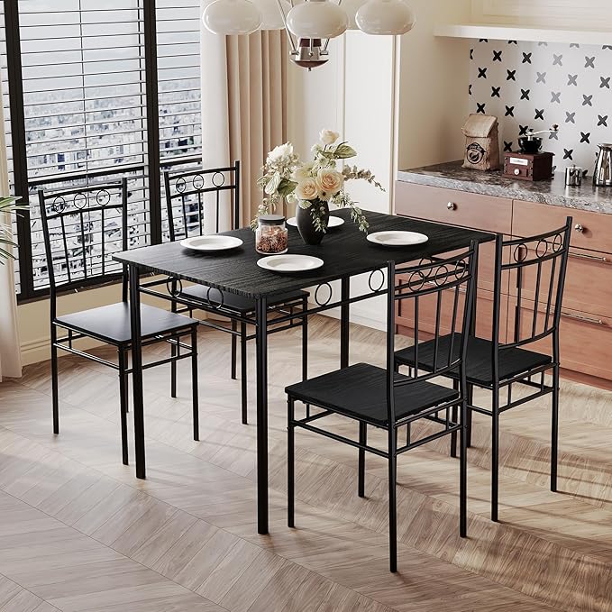 5 Piece Dining Table Set, Modern Metal&Wood Kitchen Dinner Table by ErdoruLiving