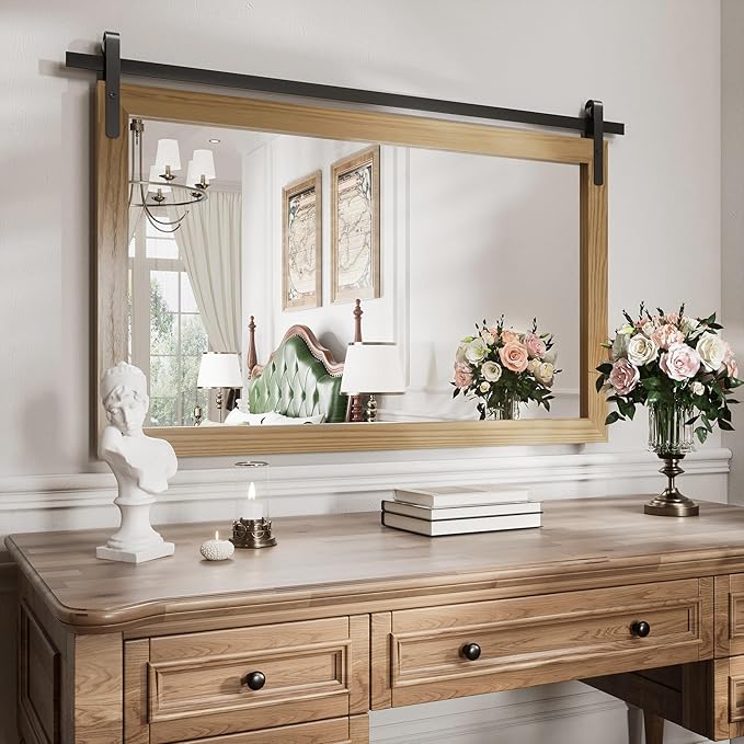 Brown Farmhouse Mirror for Wall, 40x26INCH Large Wood Framed Square Bathroom - Image 2