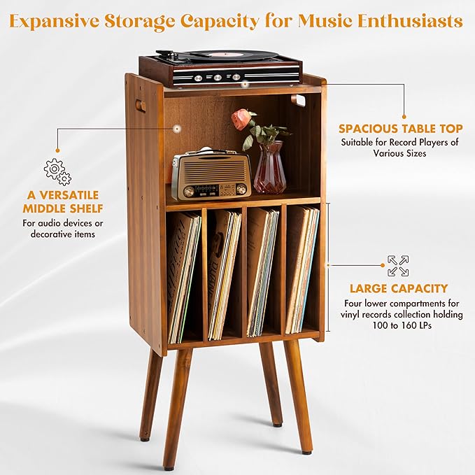 Wooden LP Record Player Stand, 3-Tier Turntable Stand Cabinet Holds up to 100 - Image 4