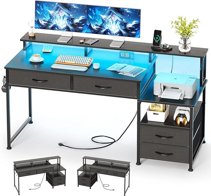 53" Computer Desk with 4 Drawers & Power Outlets, Reversible Home Office Desk by MUTUN