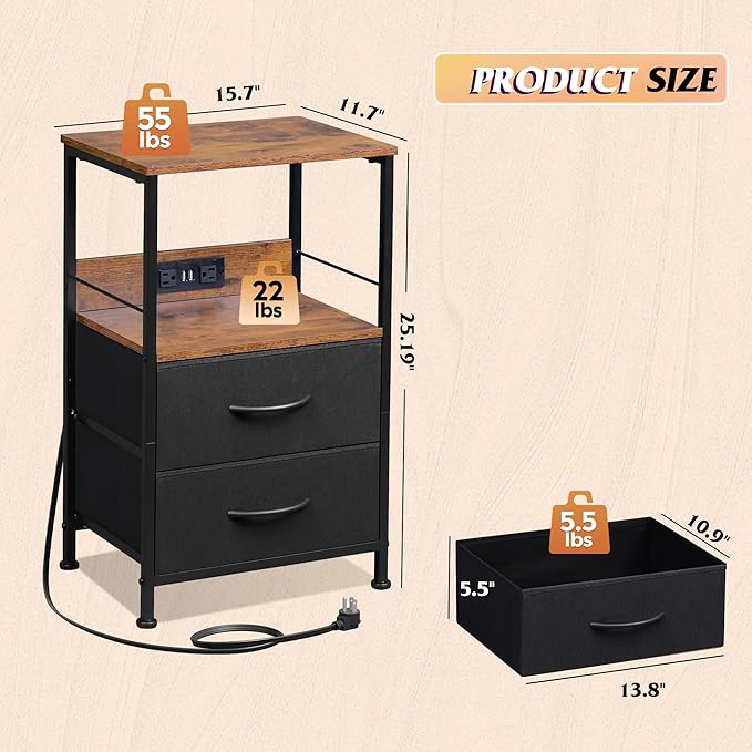 WLIVE Nightstand with Charging Station, LED Night Stand with 2 Fabric Drawers - Image 3