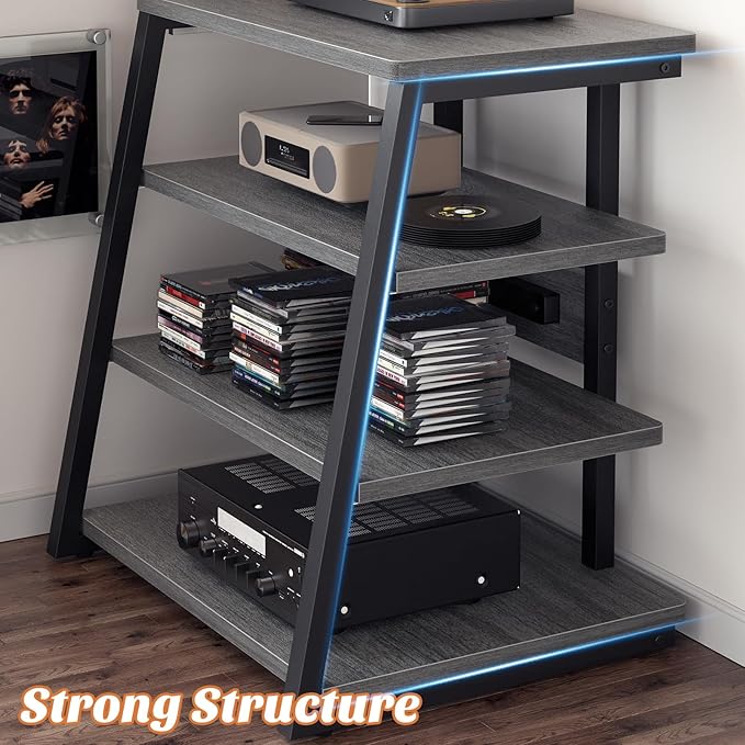 AV Media Stand with Outlets, Media Console with LED Lights, Stereo Racks and - Image 5