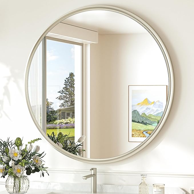 TokeShimi 30 Inch Brushed Nickel Mirror Round Tempered, Shatterproof Bathroom by RefinedBathroomAccessories