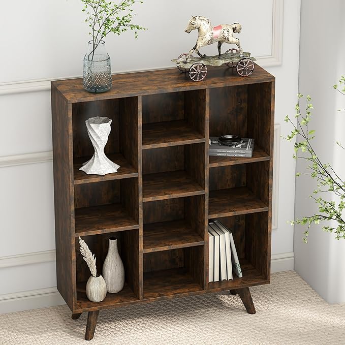 Manora Rustic Brown 10 Cube Mid Century Modern Bookshelf, Wooden Storage - Image 6