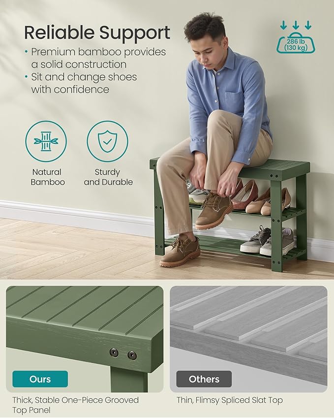 SONGMICS Shoe Rack Bench, 3-Tier Bamboo Shoe Storage Organizer, Entryway Bench - Image 4