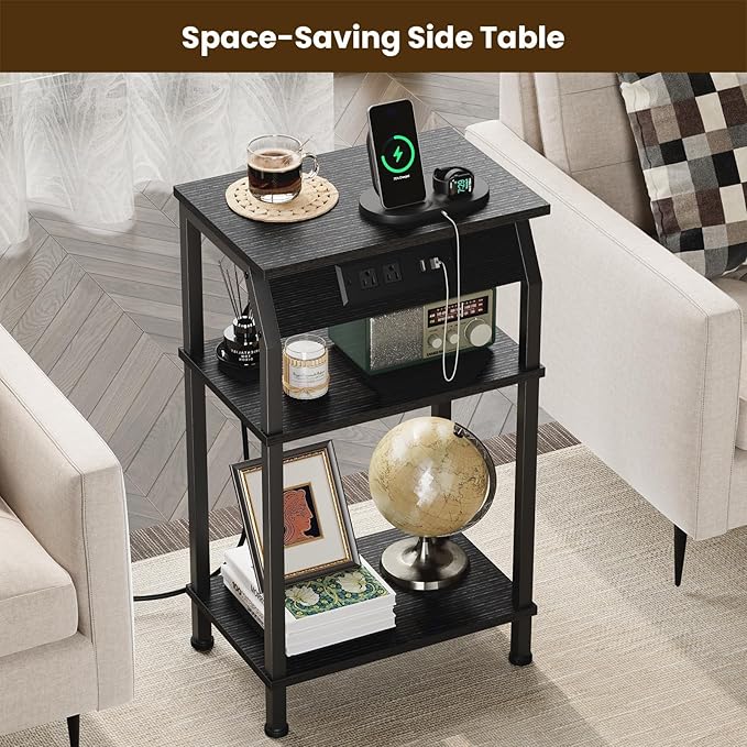Tall End Table with Storage, 3-Tier Small Bedside Table with Charging Station - Image 5