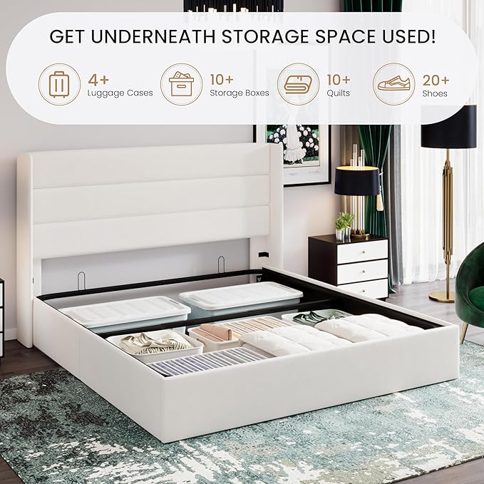 SHA CERLIN King Size Lift Up Storage Bed/Velvet Upholstered/Modern Wingback - Image 3