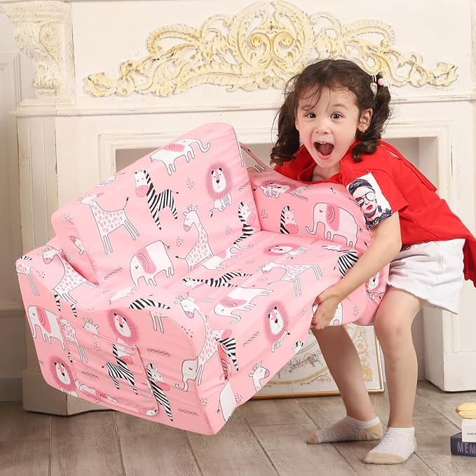 Pink Kids Sofa, 2-in-1 Kids Couch Fold Out, Convertible Sofa to Bed - Image 5