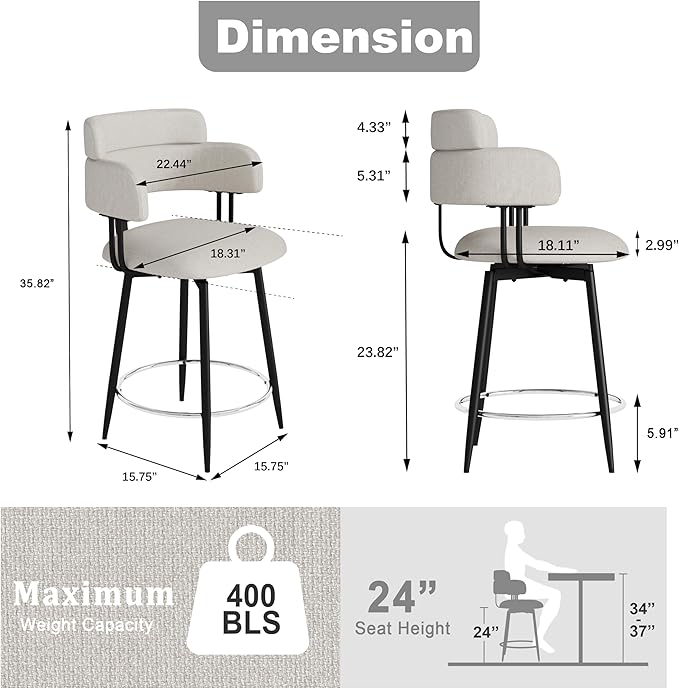 Swivel Bar Stools Set of 2, Counter Height Bar Stools - Image 2