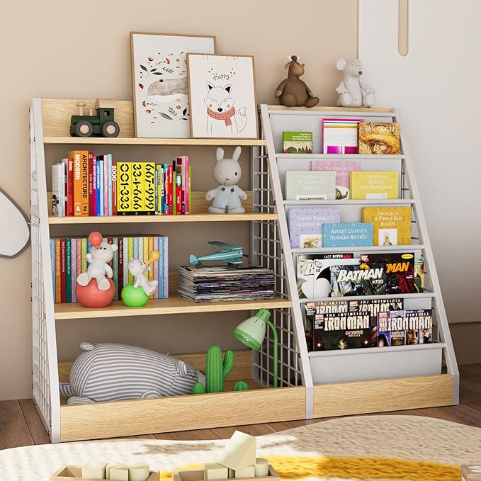 Kids Book Shelf, 4 Tier Wooden Bookshelf, 5 Layer Sling Children Bookcase by Yeyawomy