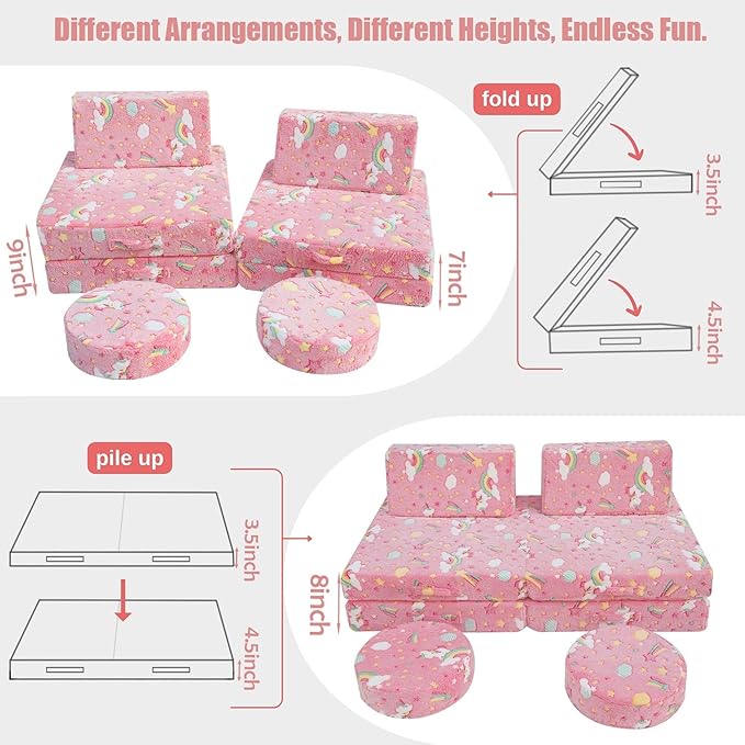 MeMoreCool Modular Pink Unicorn Glow-in-The-Dark Kids Play Couch, 8-Piece - Image 3