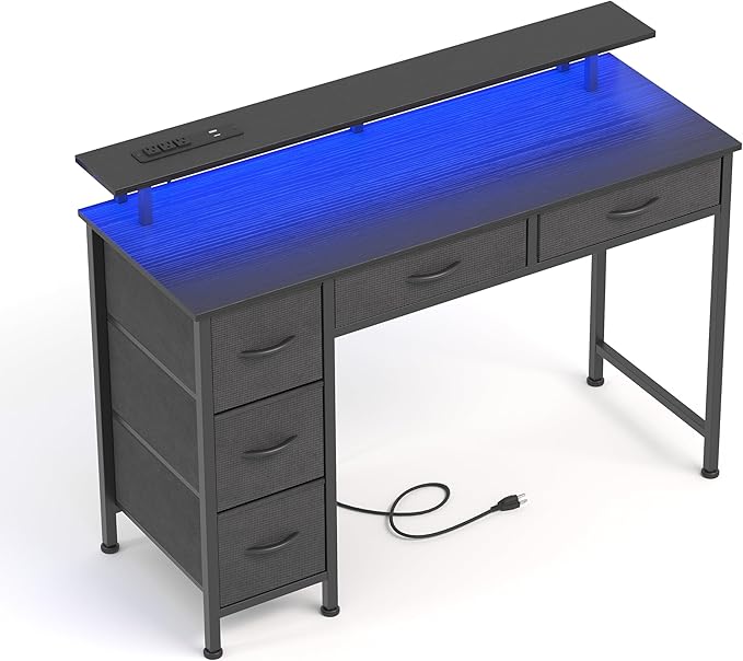Computer Desk with 5 Drawers, Gaming Desk with LED Lights Power Outlets and by Mexin