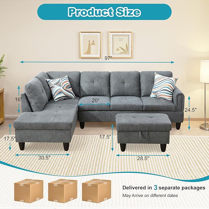 L Shaped Couch Modern Sectional Couch Upholstered Fluffy Fabric 3 Pieces Sofas - Image 2