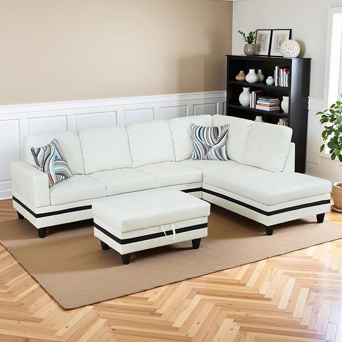 Osparple L Shaped Couch PU Leather Sectional Couch Upholstered 3 Pieces Sofas - Image 4