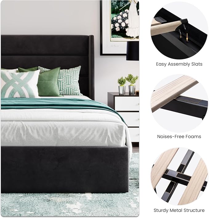SHA CERLIN King Size Lift Up Storage Bed/Velvet Upholstered/Modern Wingback - Image 5