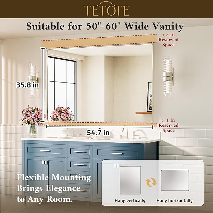 TETOTE 55 x 36 Inch Brushed Nickel Mirror Metal Framed Bathroom Mirror - Image 7