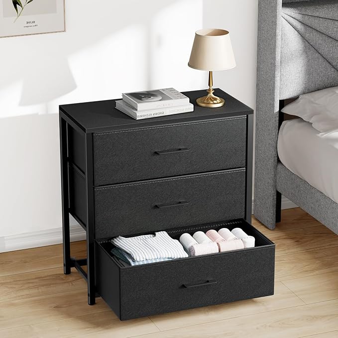 Nightstand with 3 Drawers for Bedroom, Storage Dresser with Fabric Drawers and by MEMOBARCO