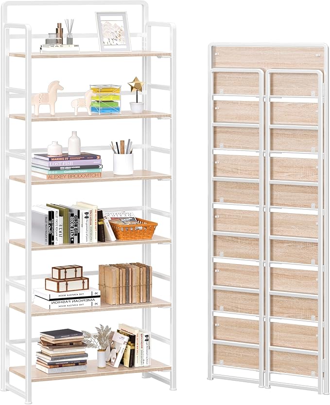 4NM No-Assembly 6 Tiers Folding Bookshelf Storage Shelves Vintage Bookcase by 4NM